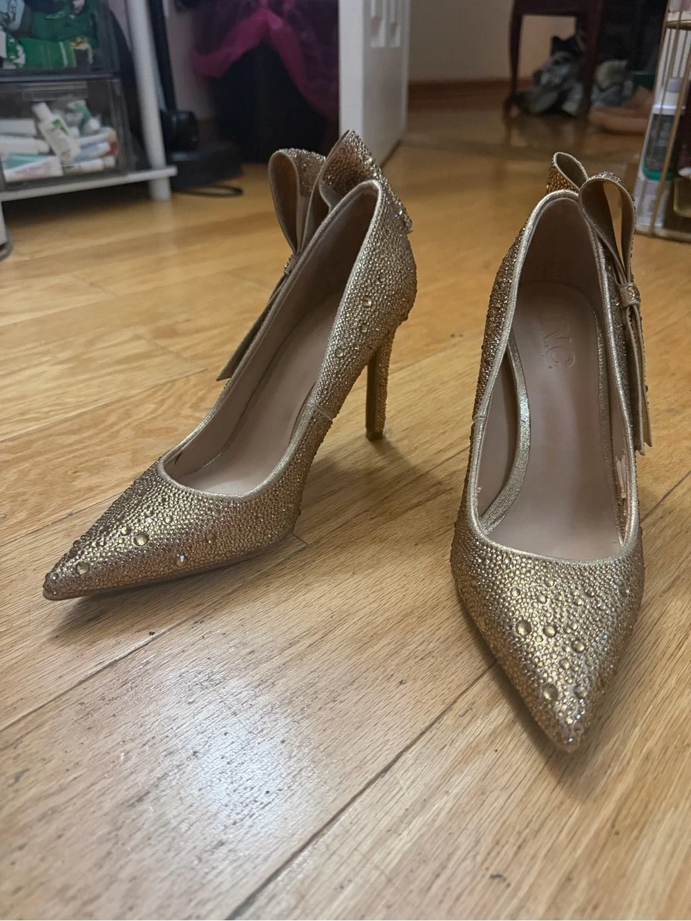 INC International Concepts Gold Crystal Bow Pointed-Toe Stilettos